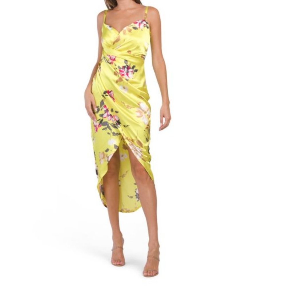 NWT RACHEL ROY Yellow/Green Floral Satin Ruched Wrap Style Dress